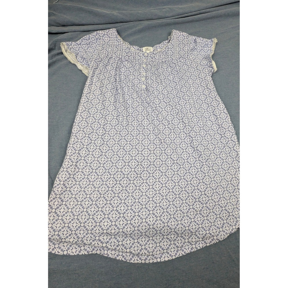 Aria Collection Blue Floral Lace Trim Button Front Scoop Neck Nightgown Womens L